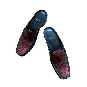 Stuart Weizmann Red and Black Leather Animal Print Mule Slides